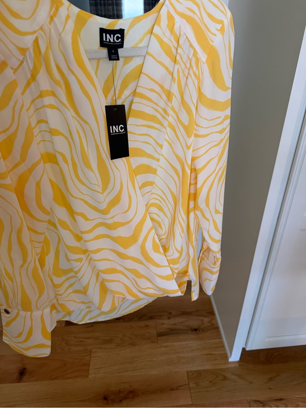 INC International Concepts Yellow and White Zebra Print Surplice Top